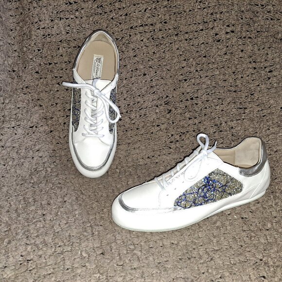 WERNER KERN-Carol-White Leather/Blue/Silver Glitter-Dance Sneakers-Sz 7.5UK/10US - Picture 1 of 8
